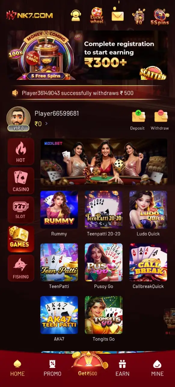 NK7 Game App featuring Crash, JILI, Fishing, Slots, and Casino categories